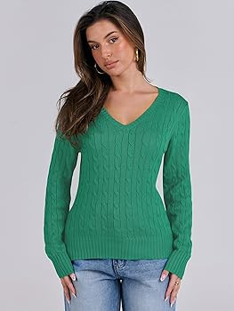 ANRABESS Womens Long Sleeve Cable Knit Sweater 2025 Fall Fashion V Neck Fitted Pullover Top Busin... | Amazon (US)