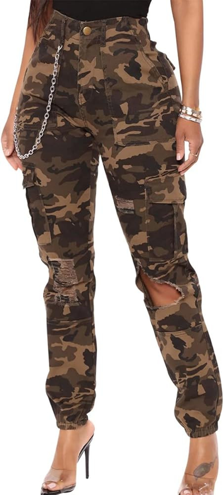 ThusFar Camo Cargo Pants for Women High Waisted Camoflage Slim Fit Ripped Trousers Sweatpants wit... | Amazon (US)