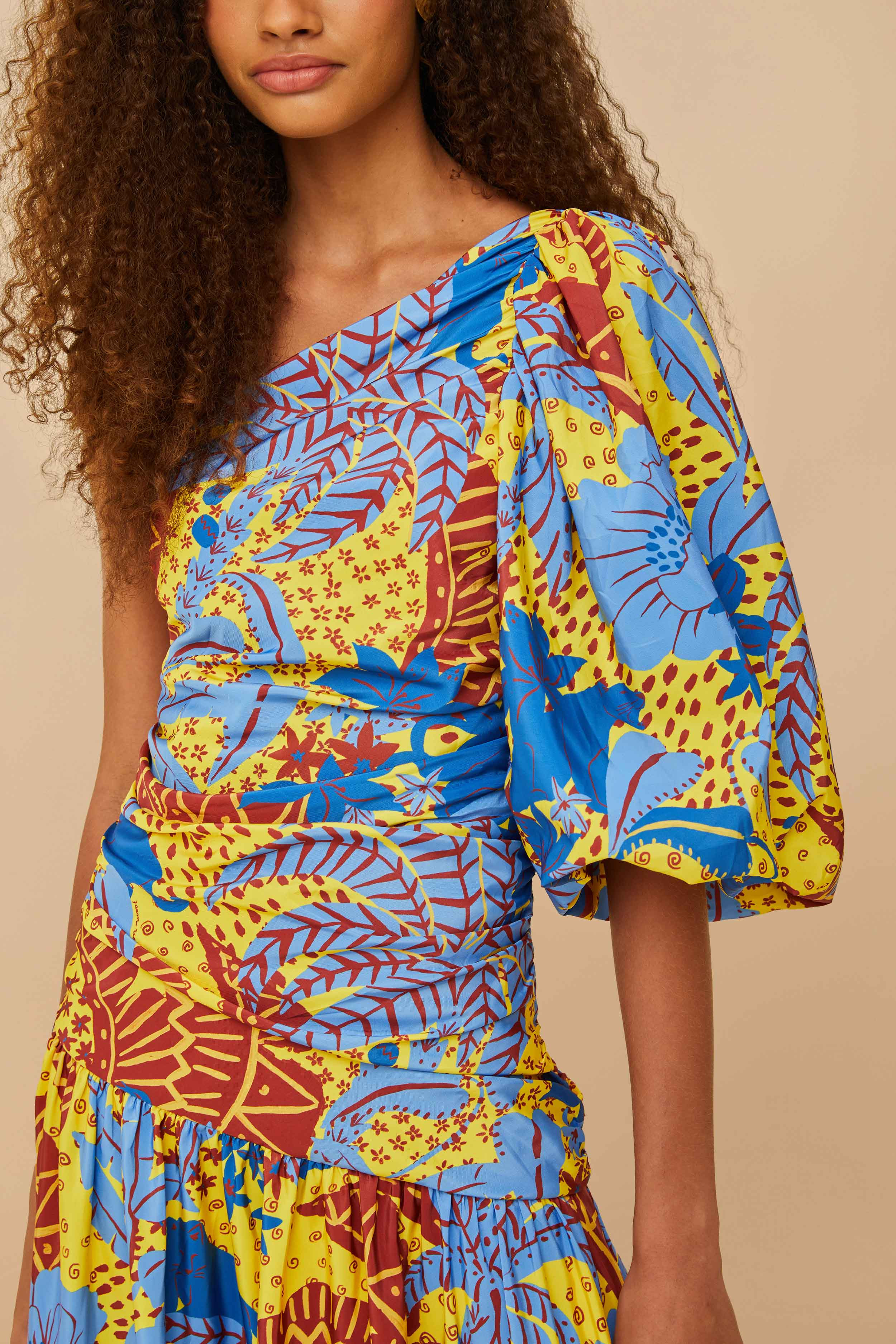 Yellow Jungle Panther One-Shoulder Midi Dress | FarmRio (US)