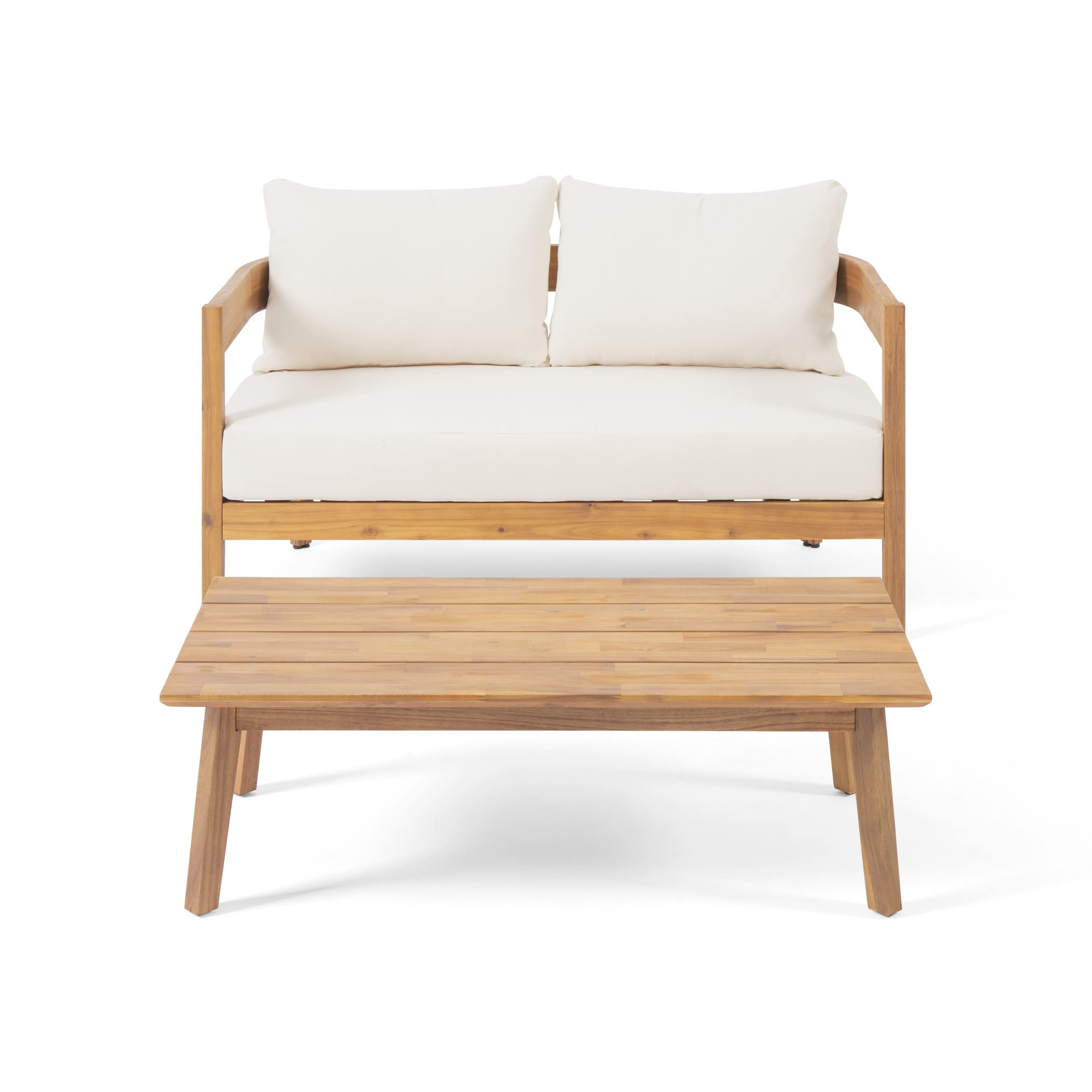 Christopher Knight Home Alina Outdoor Acacia Wood Loveseat Set with Coffee Table, Teak and Beige | Amazon (US)