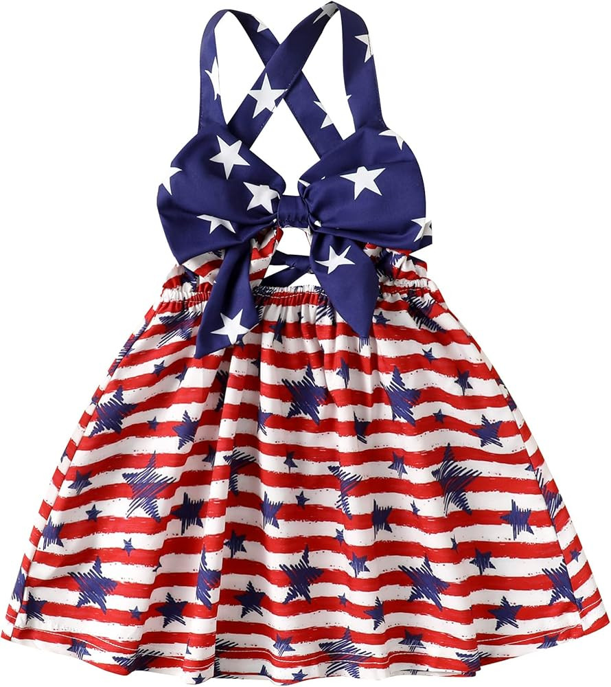 Noubeau 4th of July Toddler Baby Girl Outfits Bow Halter Dress Backless Dresses Star Stripes Patr... | Amazon (US)