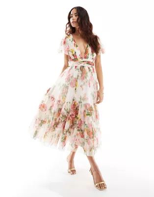 Lace & Beads Bridesmaid Madison v neck tulle midi dress in bright floral | ASOS (Global)