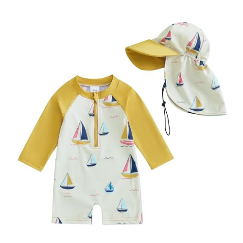 Hnyenmcko Baby/Toddler Boy Rash Guard Swimsuit Long Sleeve One Piece Zipper Swimwear Sunsuit Infant Bathing Suit Beachwear (TS-Yellow, 6-12 Months) | Amazon (US)