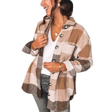Gueuusu Women’s Casual Loose Long-sleeved Shirt Autumn Fashion Plaid Stitching Lapel Single-bre... | Walmart (US)