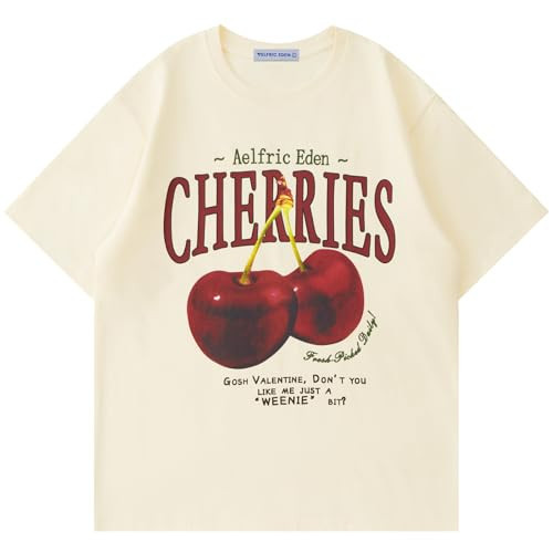 Aelfric Eden Oversized Graphic Tees Unisex Cherries Print T Shirts Casual Summer Short Sleeve Top Cotton Cute Tee Shirt Beige | Amazon (US)