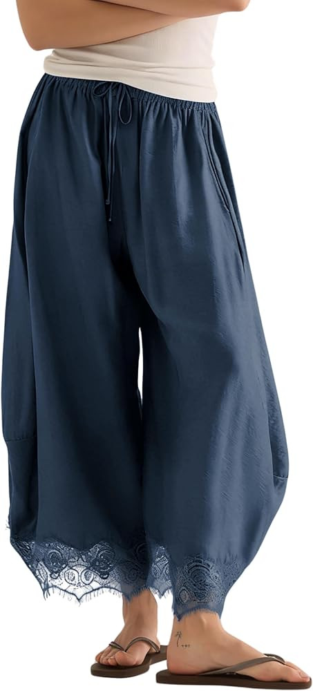 PUWEI Women's Cropped Lace-Hem Pants High Waisted Drawstring Wide Leg Pants Casual Lightweight Tr... | Amazon (US)