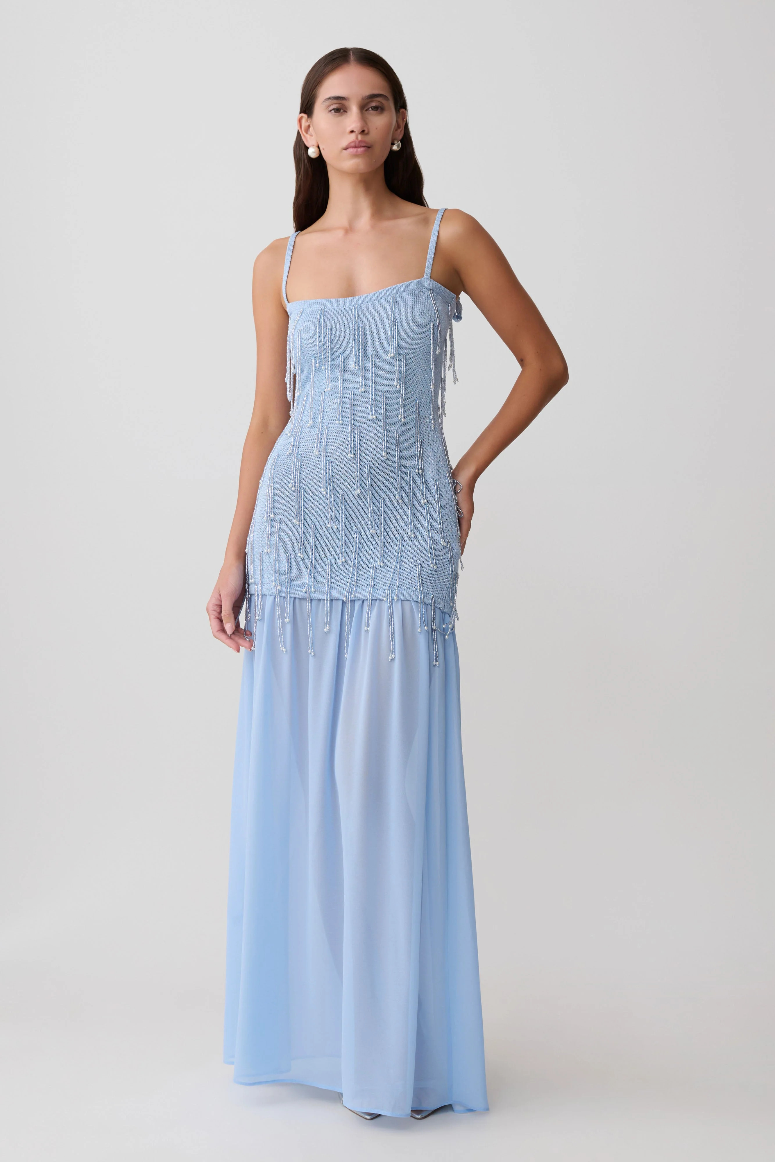 Belinda Beaded Knit & Chiffon Maxi Dress - Light Blue | MESHKI US