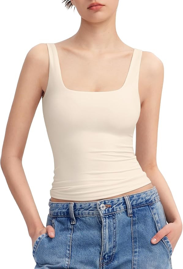 PUMIEY Women's Square Neck Tank Top Sleeveless Double Lined Basic Tops Sharp Collection | Amazon (US)