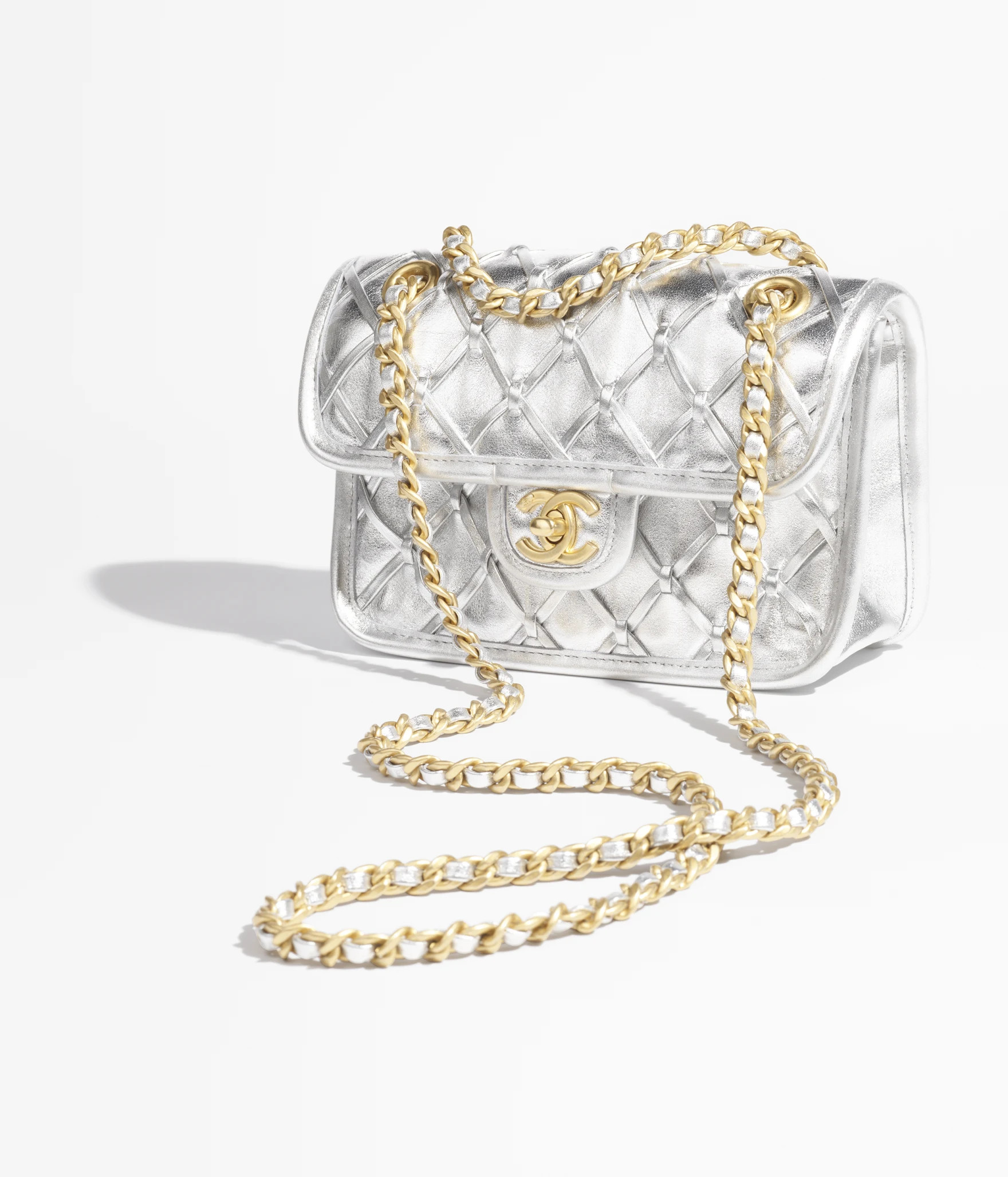 Mini flap bag, Metallized braided calfskin & gold-tone metal, silvery — Fashion | CHANEL | Chanel, Inc. (US)