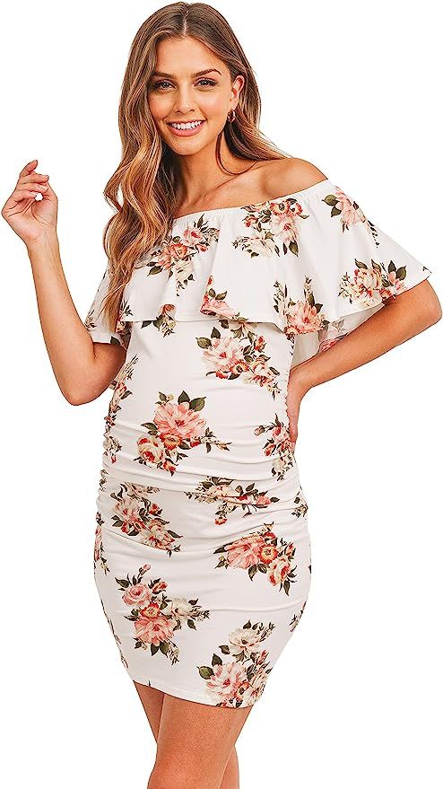 Hello MIZ Women's Floral Ruffle Off Shoulder Maternity Dress - Made in USA | Amazon (US)