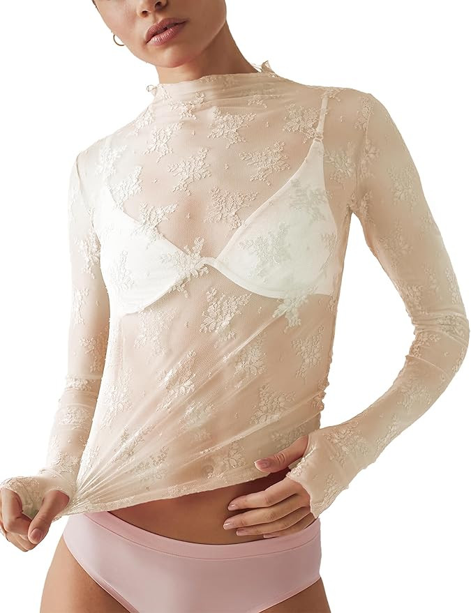 Ugerlov Women's Long Sleeve Mesh Top Mock Neck Sheer Blouse See Through Floral Lace Tops | Amazon (US)