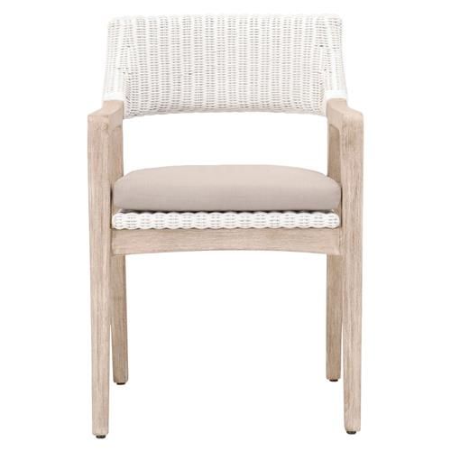 Lucile Coastal Beach Beige Cushion White Woven Rattan Grey Mahogany Dining Arm Chair | Kathy Kuo Home