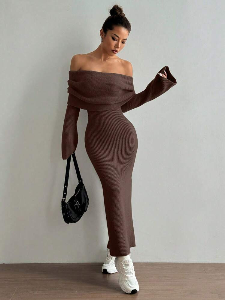 Flirla Women Elegant Charming Foldover Off-Shoulder Fitted Knitted Sweater Dress | SHEIN