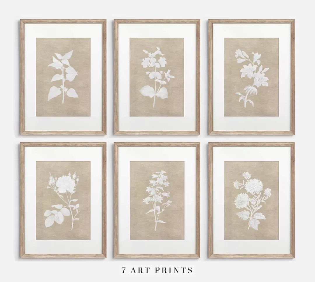 Neutral Botanical Print Set: Vintage Beige Floral Wall Art (Digital Download, Set of 7) | Etsy (US)