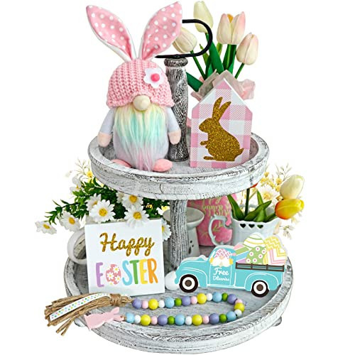 Easter Decorations, 5Pcs Easter Gnome Tiered Tray Decor, 3 Glitter Easter Wood Signs, Truck Full of Eggs, Easter Bunny Gnome Plush, Spring Easter Bead Garland,Rustic Farmhouse Spring Easter Decor | Amazon (US)