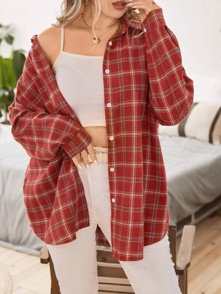 SHEIN Essnce Plus Plaid Print Drop Shoulder Shirt | SHEIN