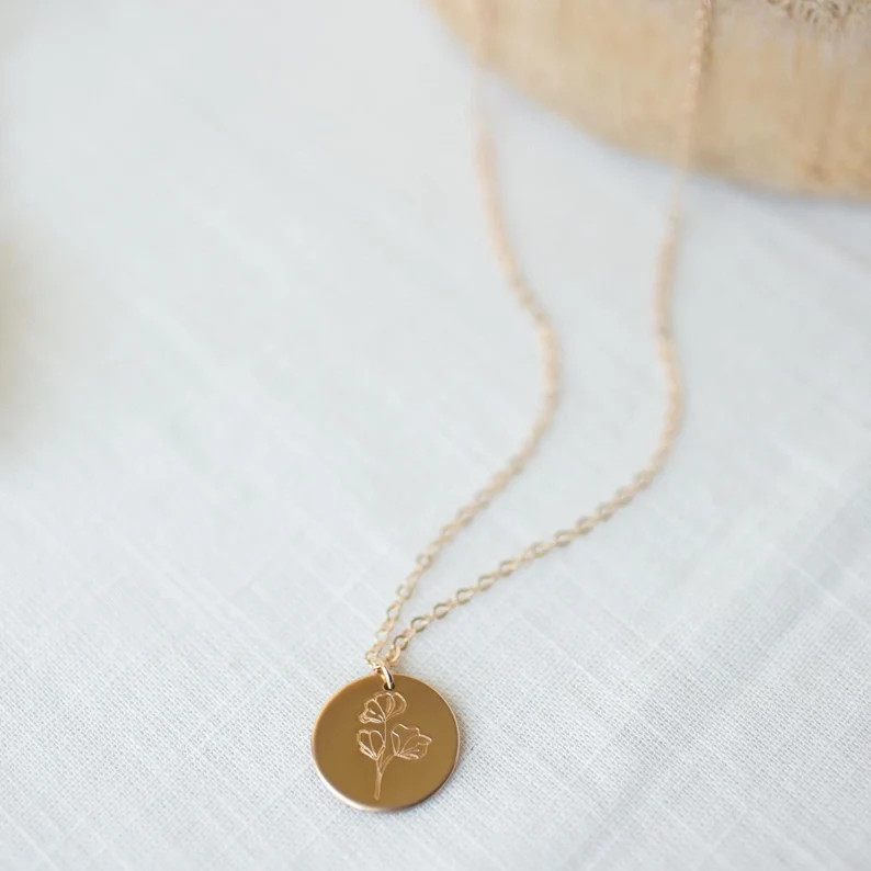 Birth Flower Disc Necklace • Gold Filled, Rose Gold or Sterling Silver • Personalized Floral ... | Etsy (Global)