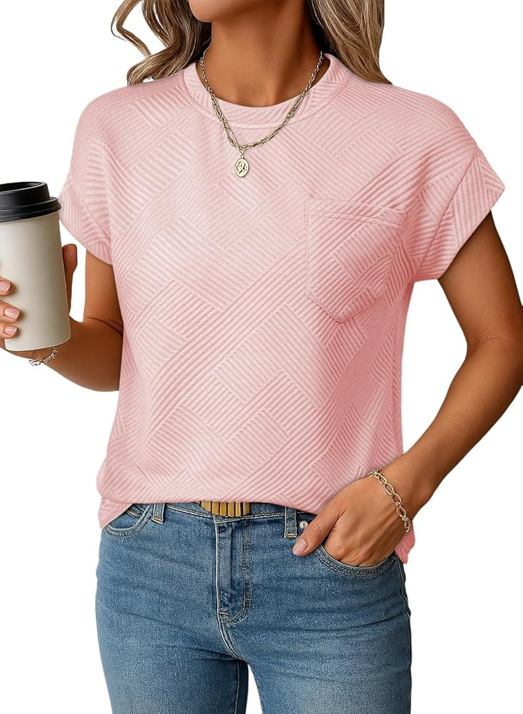 EVALESS Womens Summer Tops Crewneck Cap Sleeve Dressy Casual Business Textured Solid Loose Basic ... | Amazon (US)