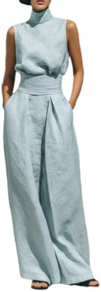 Women's Two Piece Pants Set Sleeveless Mock Neck Top and Wide Leg Pants with Tie Waist Casual Mat... | Amazon (US)