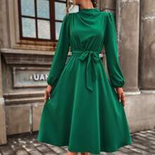 Mock Neck Lantern Sleeve Belted Dress | SHEIN