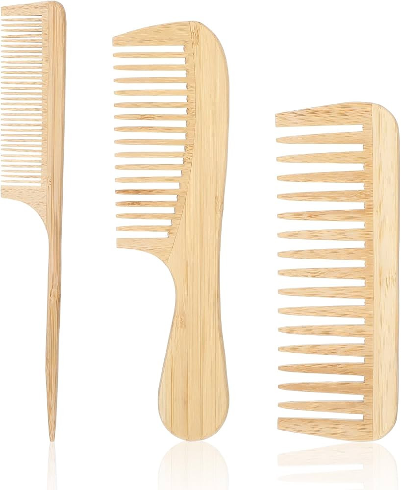 3PCS Natural Handmade Bamboo Anti-Static Combs Set - Wide Tooth, Rat Tail and Fine Tooth, Natural... | Amazon (US)