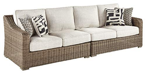 Signature Design by Ashley Beachcroft Outdoor Left & Right Arm Facing Wicker Patio Loveseats, Nuvella Weather Resistant Fabric, Brown & Beige | Amazon (US)