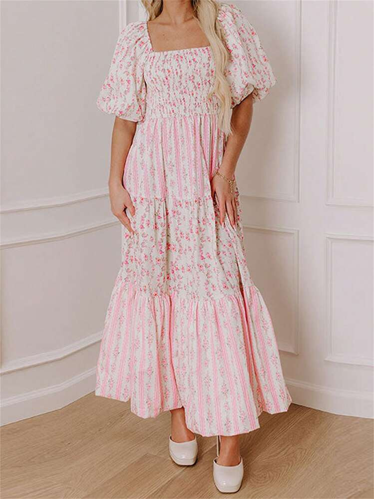 Women Long Dress Floral Print Square Neck Short Sleeve Dress Summer Fashion Casual Dress | SHEIN