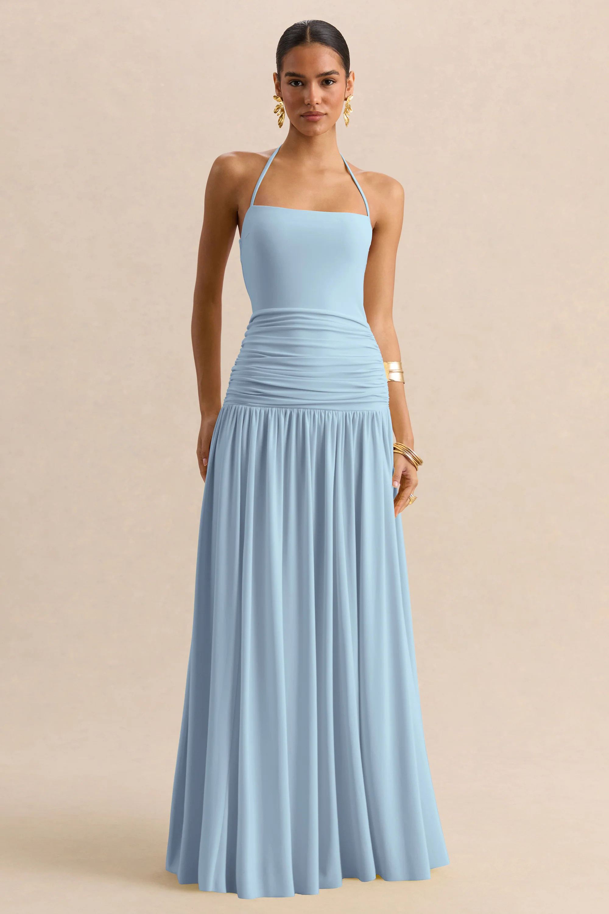 Nicolette | Powder Blue Square-Neck Maxi Dress With Ruched-Detailing | Club L London