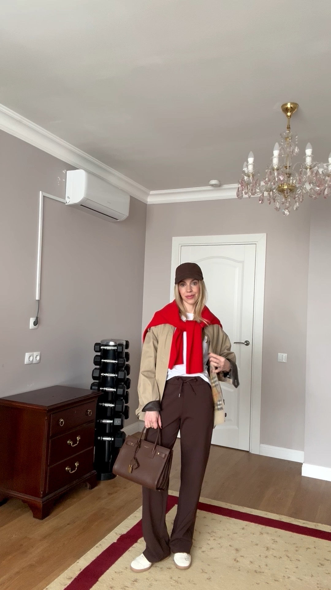 Travel outfit, spring look, airport style, trench coat, brown joggers, chocolate brown and red, Adidas samba sneakers 

#LTKspringtrends #LTKTravel #LTKspring