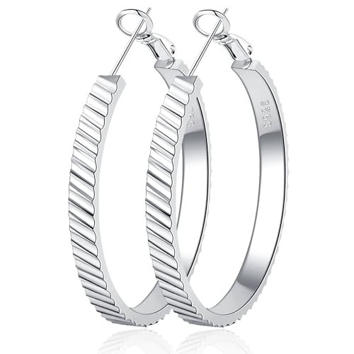 OOOPEL Wide Large Silver Hoop Earrings for Women Stripe Chunky Silver Hoop Earrings Minimalist S925 Sterling Silver Hoop Earrings Hypoallergenic Sterling Silver Post Big Silver Hoop Earrings | Amazon (US)
