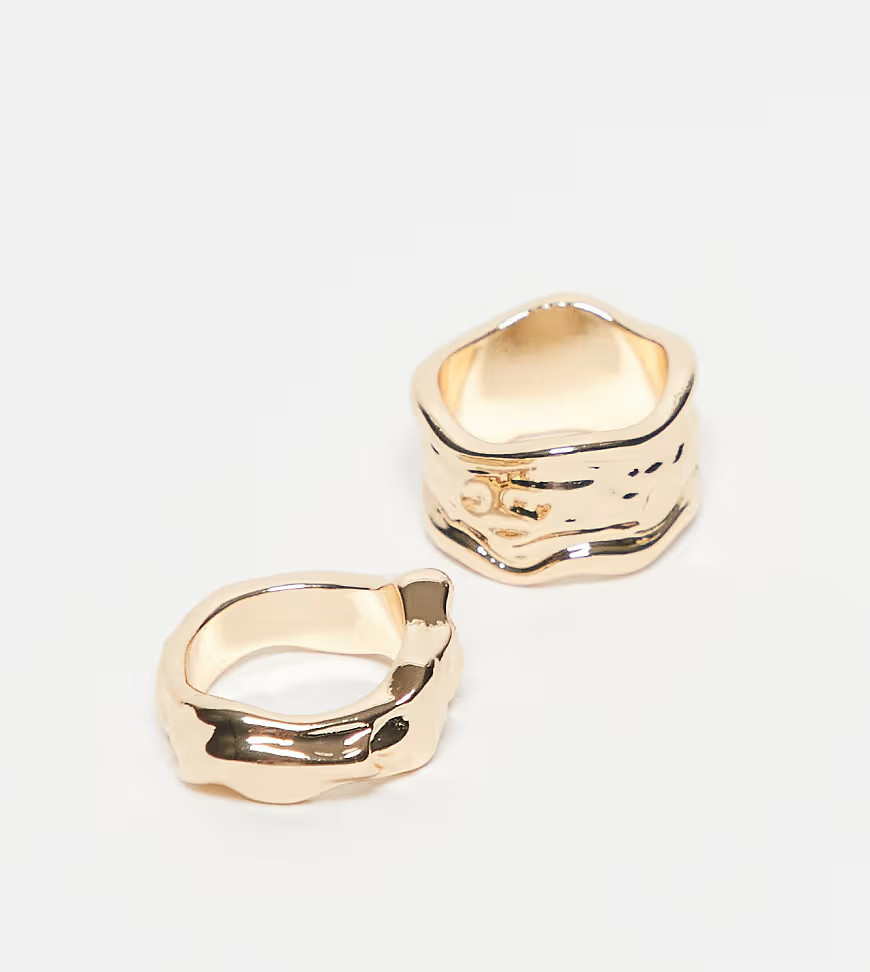ASOS DESIGN Curve pack of 2 rings with molten detail in gold tone | ASOS (Global)