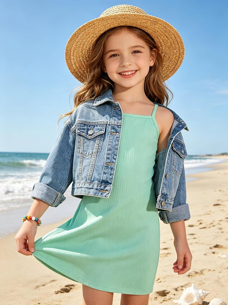 Amazon.com: Girls Ribbed Cami Dress, Kids Sleeveless Bodycon Sundress Summer Casual Tank Top Dres... | Amazon (US)