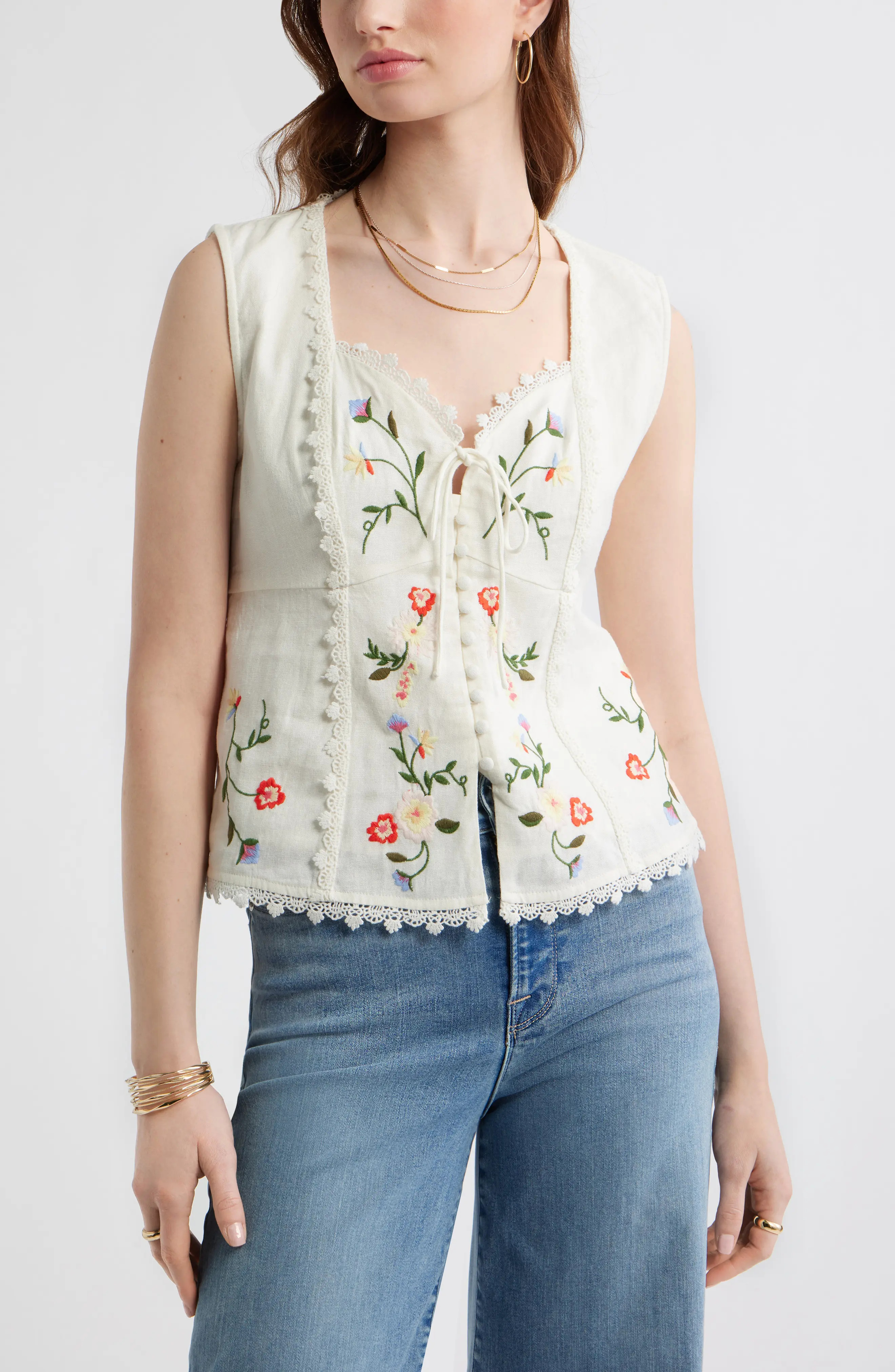 Treasure & Bond Embroidered Sleeveless Top in Ivory Multi at Nordstrom, Size Xx-Small | Nordstrom