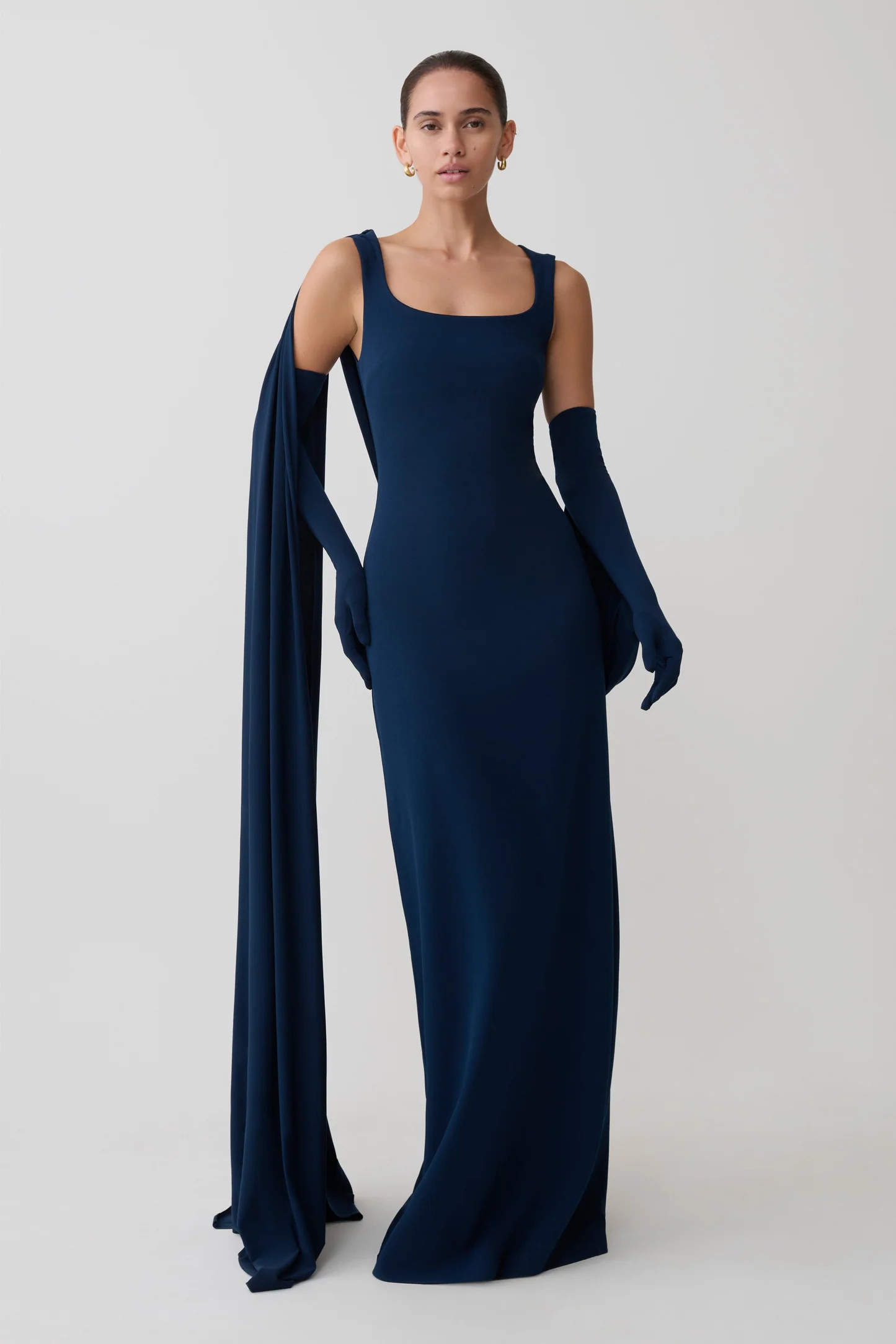 Rhea Detachable Cape Jersey Maxi Dress - Navy | MESHKI US