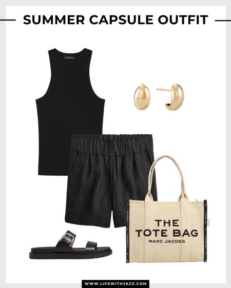 Smart casual summer capsule outfit 

Black tank / black linen shorts / chunky sandals / canvas tote bag / gold earrings / summer style / monochrome / minimal / chic / Madewell / Jcrew / Marc jacobs 

#LTKSeasonal #LTKStyleTip #LTKFindsUnder100