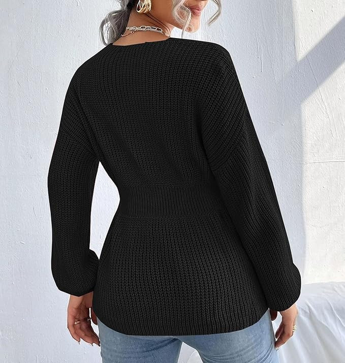 Veatzaer Womens V Neck Sweaters Fall Trendy Casual Long Lantern Sleeve Ribbed Knit Pullover Sweat... | Amazon (US)