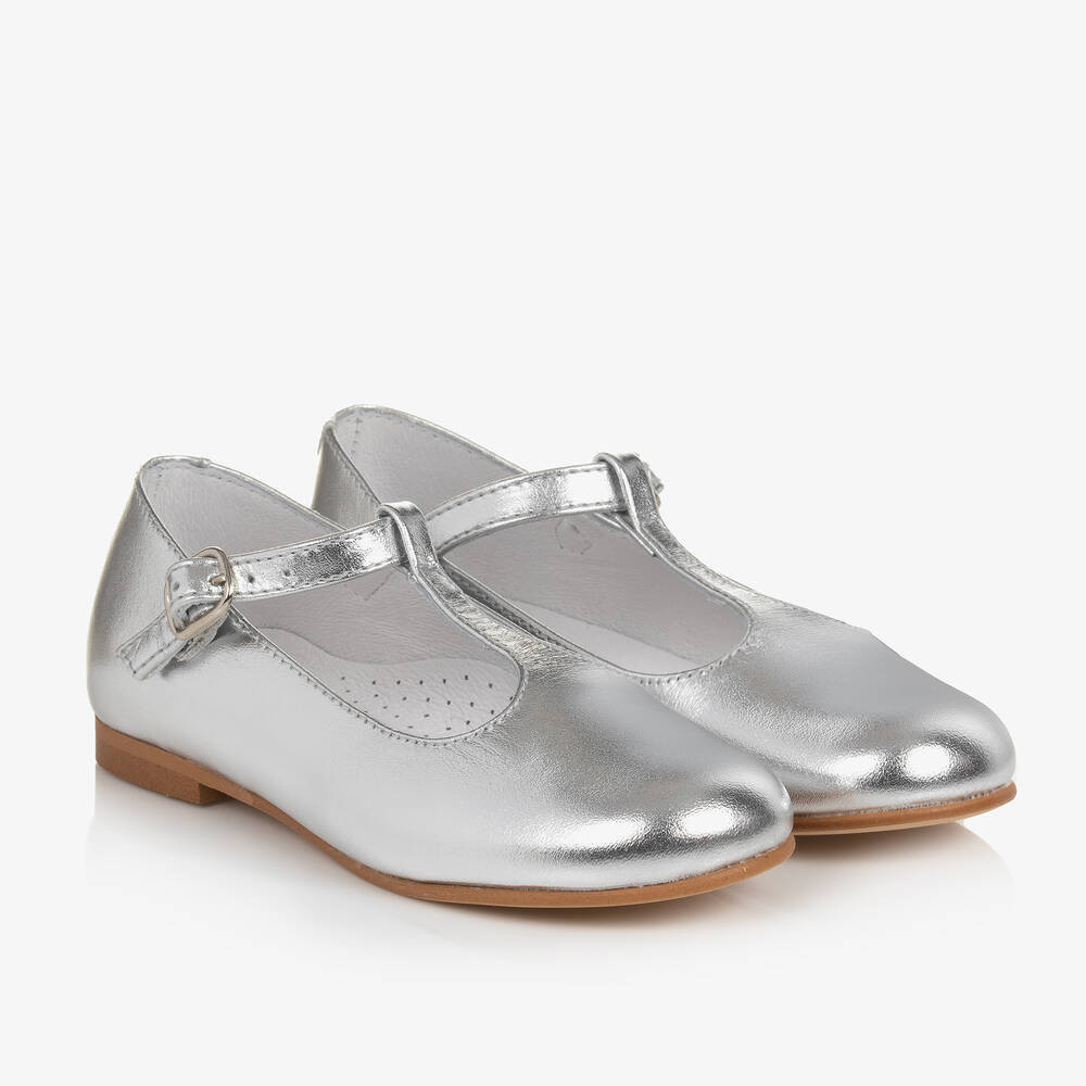 Girls Silver Leather T-Bar Shoes | Childrensalon
