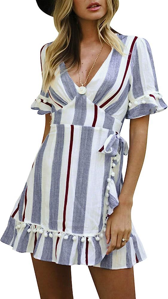 Simplee Women Sexy Deep V-Neck Short Sleeve Stripe Print Mini A Line Dress | Amazon (US)