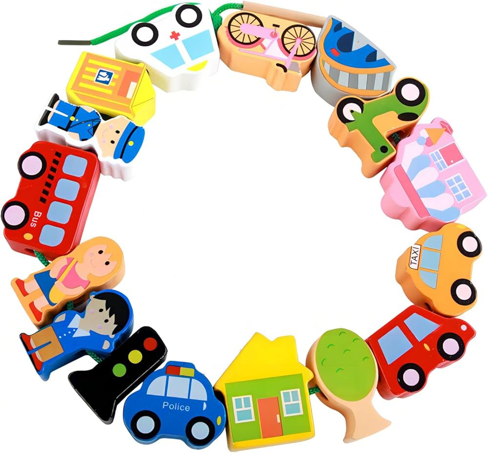 KanCai Wooden City Figures and Cars Lacing & Stringing Beads Toys Over 3 Year Old Kids Block Set ... | Amazon (US)