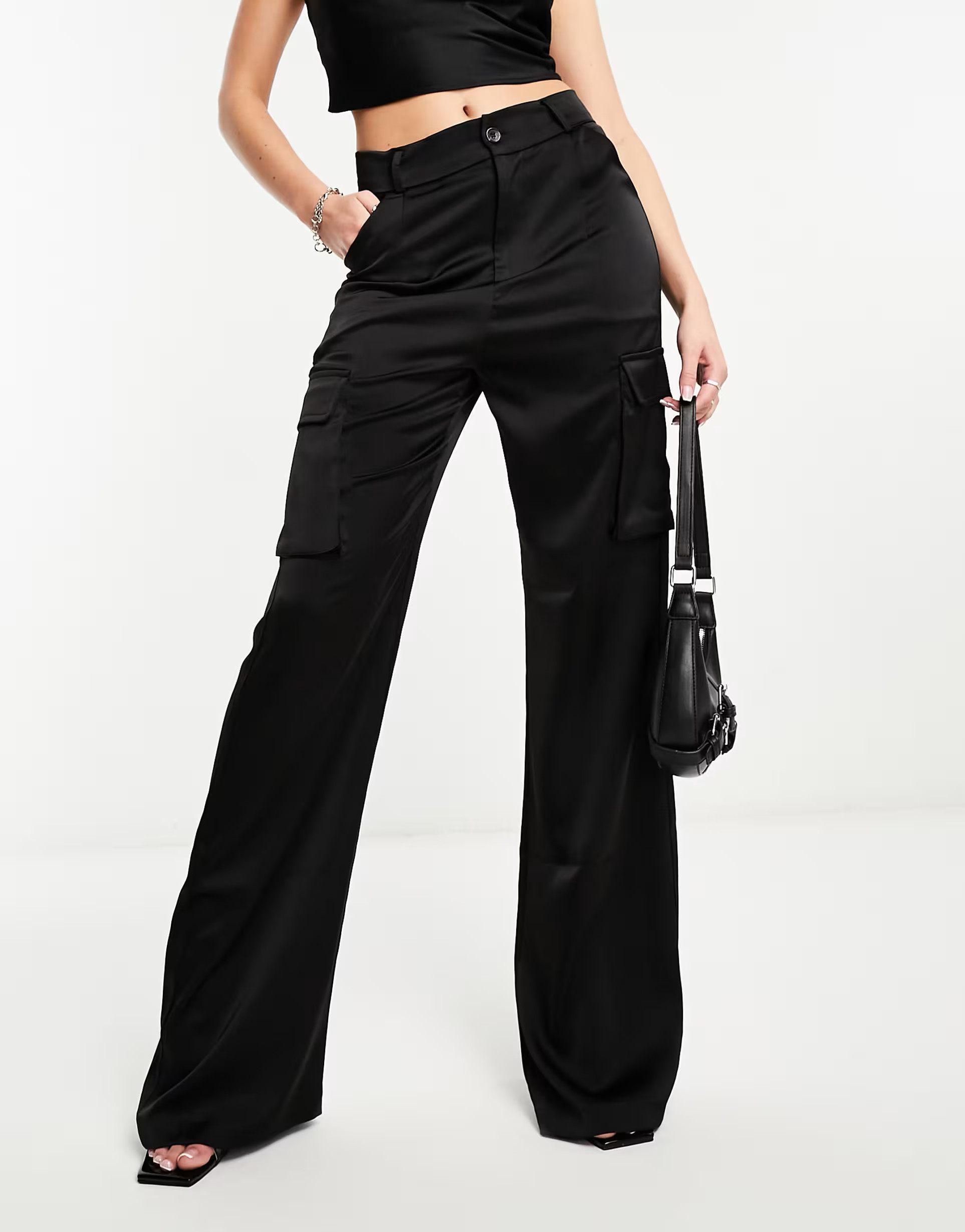 NaaNaa satin high waist cargo trousers in black | ASOS | ASOS (Global)