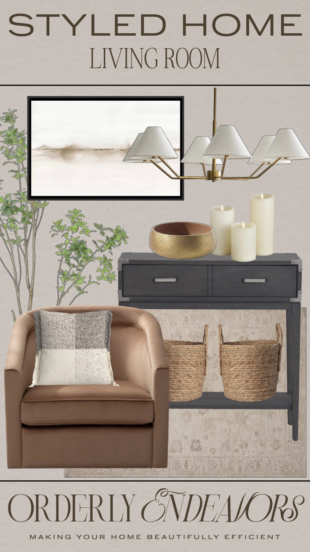 Styled living room includes accent chair, area rug, console table, candles, gold decorative bowl, chandelier, faux tree, and wall art.

Home decor, styled home, home accents, living room decor

#LTKHome #LTKFindsUnder100 #LTKStyleTip