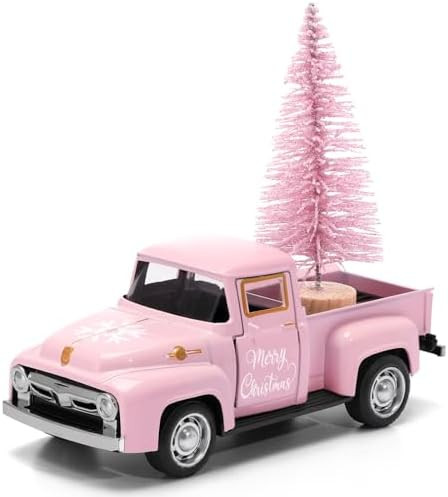 Huray Rayho Pink Christmas Metal Truck with Christmas Tree for Tiered Tray Decor Vintage White Pi... | Amazon (US)