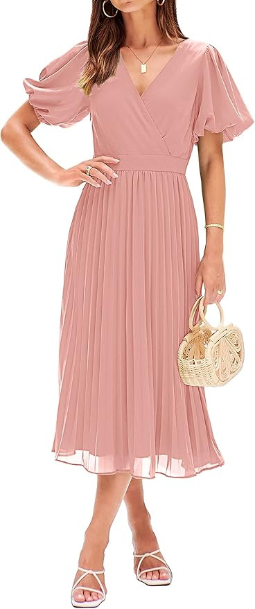 MEROKEETY Womens 2024 Summer Puff Sleeve Wrap V Neck Pleated Flowy Midi Dress for Wedding Guest | Amazon (US)
