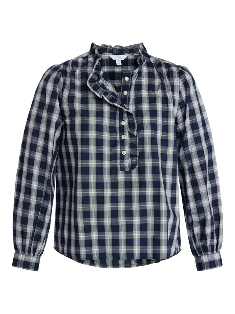 Time and Tru Women's Ruffle Neck Button Front Cotton Shirt with Long Sleeves, Sizes XS-XXXL | Walmart (US)