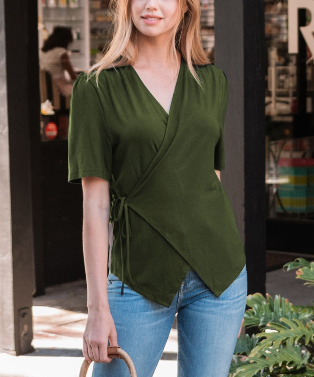 Amaryllis Women's Blouses OLIVE - Olive Short-Sleeve Wrap Top - Women | Zulily