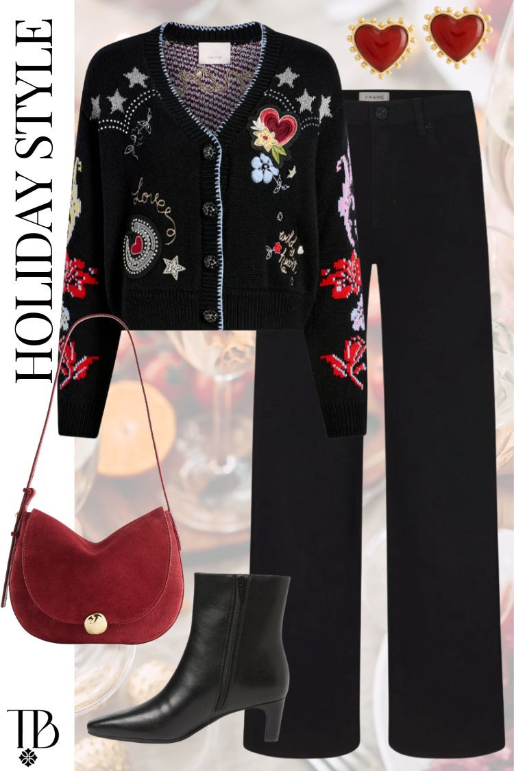 Holiday sweater season, but make it chic ❤️ This embroidered cardigan adds the perfect festive touch without feeling over the top. I paired it with sleek black trousers, ankle boots, and a pop of red — perfect for a casual holiday get-together or dinner party. #HolidayStyle #FestiveOutfit #ChicAndCozy 

 #LTKHoliday #LTKSeasonal #LTKStyleTip