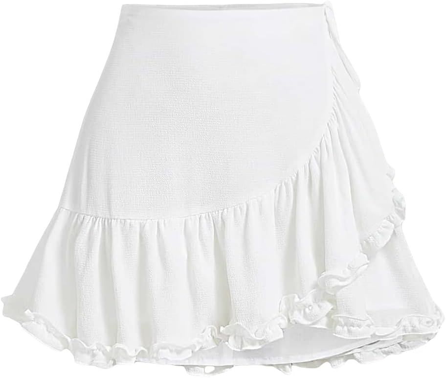 Verdusa Women's Ruffle Hem High Waist Wrap Knot Side Flounce Mini Solid Skirts | Amazon (US)
