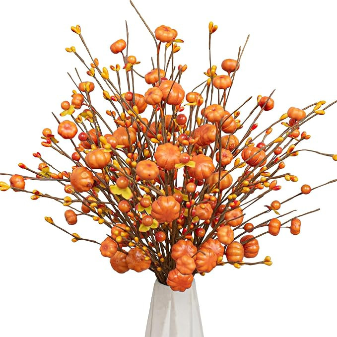 18 Pack Artificial Pumpkin Picks 17” Tall Orange Berry Stems Fall Pumpkin Branches for Autumn H... | Amazon (US)