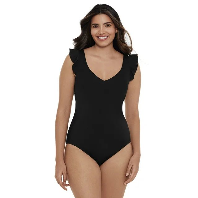 Time and Tru Women's and Plus Solid Ruffle Strap One Piece Swimsuit, Sizes XS-3X | Walmart (US)