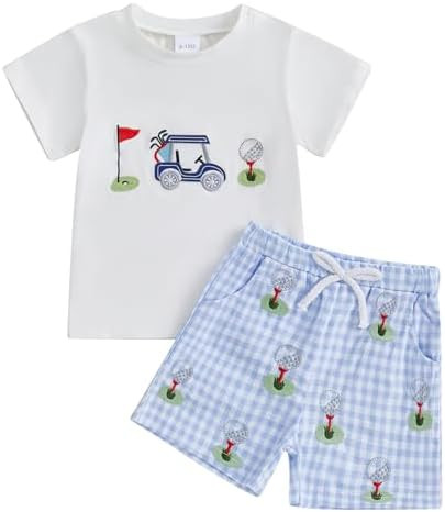 Baby Boy Golf Outfit Short Sleeve Golf Cart T Shirts Top and Striped Shorts Set Todder Boys Summe... | Amazon (US)